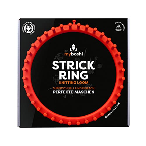 myboshi Strickring inkl. Strickhaken, Garnnadel und Anleitung, 24 cm Durchmesser, 36 Stifte, seitlicher Stift zur Fixierung, für Kinder und Anfänger Orange, 1 Strickring von myboshi