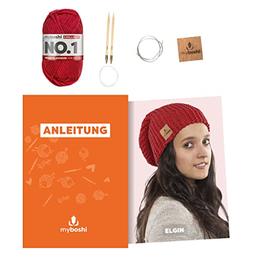 myboshi Strickset Mütze Elgin, Strickset für Anfänger, inkl. No.1 Wolle, Nadel und Anleitung, Label, Strickpaket, 30% Merinowolle Rot mit Rundstricknadel von myboshi