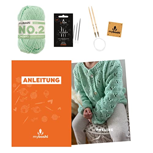 myboshi Strickset Jacke Pheline, inkl No.2 Wolle, Rundstricknadel, Wollnadeln, Anleitung und original Label, 85% Baumwolle, 15% Kapok, Grün, mit Rundstricknadel myboshi Strickset Jacke Pheline, inkl No.2 Wolle, Rundstricknadel, Wollnadeln, Anleitung und original Label, 85% Baumwolle, 15% Kapok, Grün, mit Rundstricknadel von myboshi