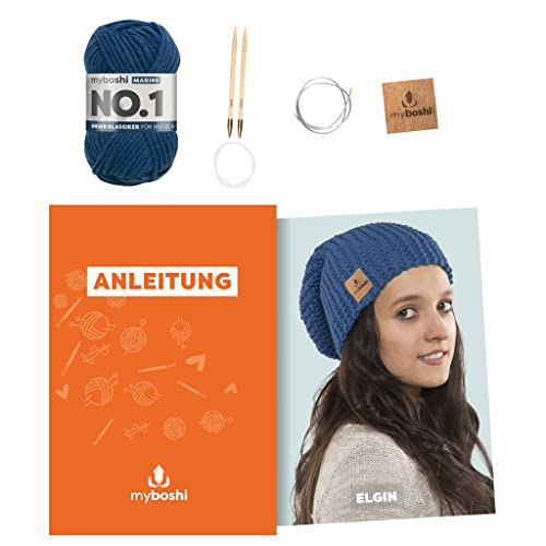 myboshi Strickset Mütze Elgin, Strickset für Anfänger, inkl. No.1 Wolle, Nadel und Anleitung, Label, Strickpaket, 30% Merinowolle Blau, mit Rundstricknadel myboshi Strickset Mütze Elgin, Strickset für Anfänger, inkl. No.1 Wolle, Nadel und Anleitung, Label, Strickpaket, 30% Merinowolle Blau, mit Rundstricknadel von myboshi