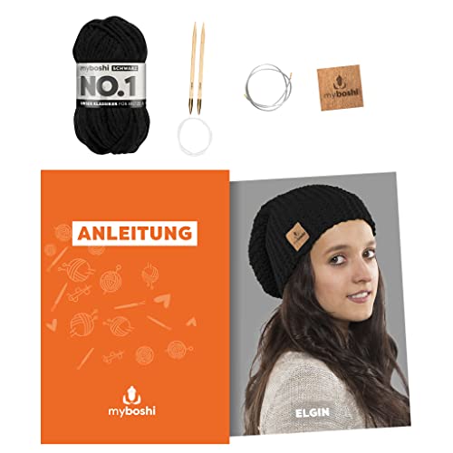 myboshi Strickset Mütze Elgin, Strickset für Anfänger, inkl. No.1 Wolle, Nadel und Anleitung, Label, Strickpaket, 30% Merinowolle Schwarz mit Rundstricknadel myboshi Strickset Mütze Elgin, Strickset für Anfänger, inkl. No.1 Wolle, Nadel und Anleitung, Label, Strickpaket, 30% Merinowolle Schwarz mit Rundstricknadel von myboshi