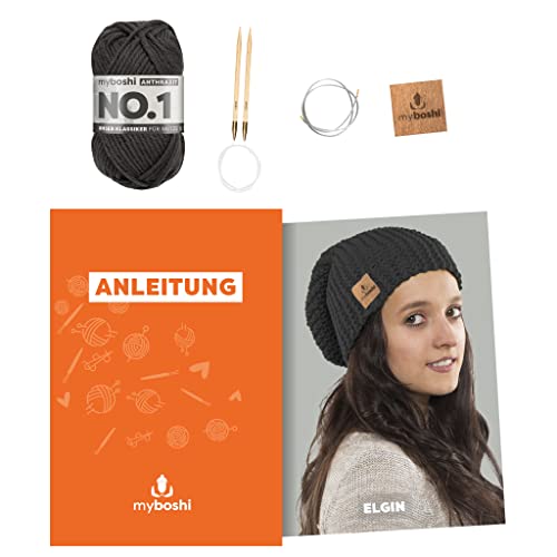 myboshi Strickset Mütze Elgin, Strickset für Anfänger, inkl. No.1 Wolle, Nadel und Anleitung, Label, Strickpaket, 30% Merinowolle Anthrazit mit Rundstricknadel von myboshi