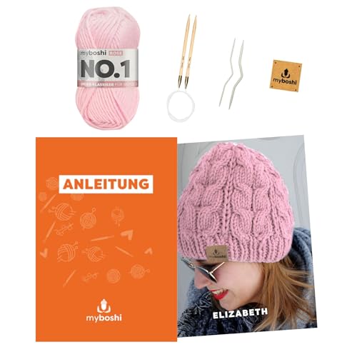 myboshi Strickset Mütze Elizabeth für Fortgeschrittene, inkl. No.1 Wolle, Nadeln, Anleitung, Label, Strickpaket, 70% Polyacryl, 30% Wolle (Merinowolle) Rosa, mit Rundstricknadel von myboshi