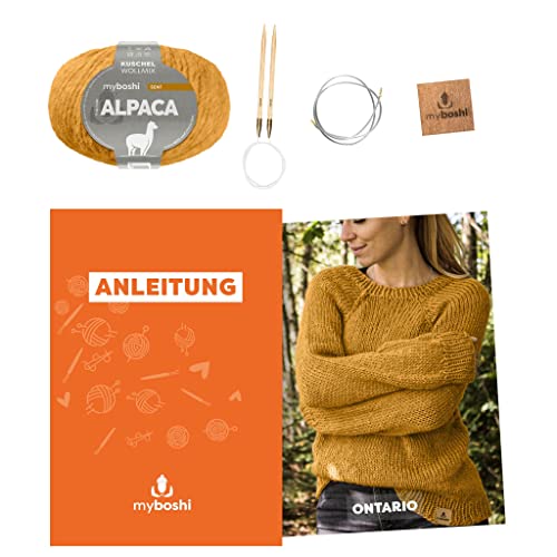 myboshi Strickset Raglanpullover Ontario, Strickset für Anfänger, inkl. Alpaca Wolle, Nadel und Anleitung, Label, Strickpaket, 10% Alpaka, 25% Schurwolle Gelb mit Rundstricknadel von myboshi