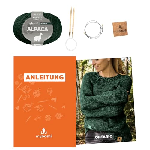 myboshi Strickset Raglanpullover Ontario, Strickset für Anfänger, inkl. Alpaca Wolle, Nadel und Anleitung, Label, Strickpaket, 10% Alpaka, 25% Schurwolle Smaragd mit Rundstricknadel von myboshi