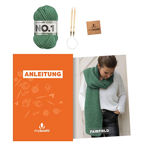 myboshi Strickset Schal Fairfield, Strickset für Anfänger, inkl. No.1 Wolle, Nadel und Anleitung, Strickpaket, 30% Merinowolle Grün (Grasgrün) mit Rundstricknadel von myboshi