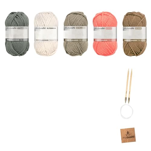myboshi Strickset Schal New Haven, inkl. No.1 Wolle, Rundstricknadel, Anleitung und Label, Strickpaket für Anfänger, 30% Merinowolle, Orange, mit Rundstricknadel von myboshi