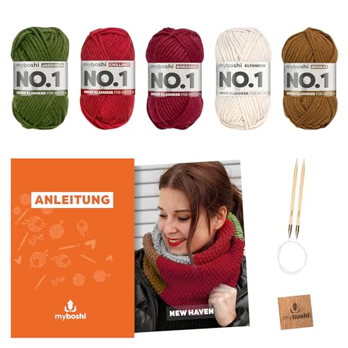 myboshi Strickset Schal New Haven, inkl. No.1 Wolle, Rundstricknadel, Anleitung und Label, Strickpaket für Anfänger, 30% Merinowolle, Rot mit Rundstricknadel von myboshi