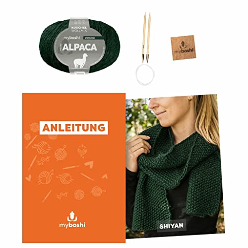 myboshi Strickset Schal Shiyan, inkl. Alpaca Wolle, Nadel und Anleitung, für Oberbekleidung, Strickpaket, 10% Alpaka, 25% Schurwolle Grün, mit Rundstricknadel von myboshi
