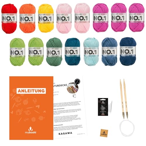 myboshi Strickset Temperaturdecke Kagawa, für Anfänger, 15 Knäuel Wolle, Rundstricknadel, Wollnadeln, Anleitung, Label, 30% Wolle (Merinowolle) Bunt Starterset von myboshi