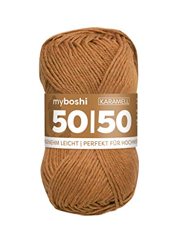 myboshi 50/50-Ganzjahres-Wolle aus Baum- und Merinowolle, für Oberbekleidung geeignet, Mulesing-frei, hochwertiges Häkel-/Strickgarn, 50g, Ll 110m Braun (Karamell) 1 Knäuel von myboshi