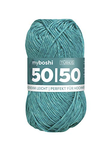 myboshi 50/50-Ganzjahres-Wolle aus Baum- und Merinowolle, für Oberbekleidung geeignet, Mulesing-frei, hochwertiges Häkel-/Strickgarn, 50g, Ll 110m Blau (Türkis) 1 Knäuel von myboshi