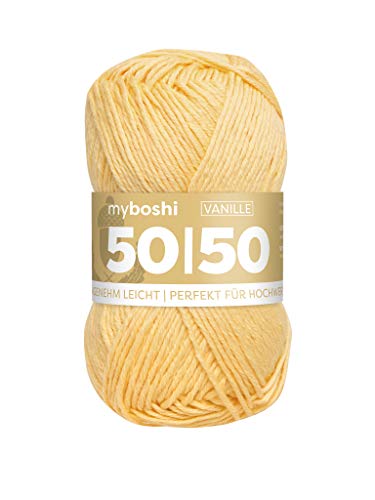 myboshi 50/50-Ganzjahres-Wolle aus Baum- und Merinowolle, für Oberbekleidung geeignet, Mulesing-frei, hochwertiges Häkel-/Strickgarn, 50g, Ll 110m Gelb (Vanille) 1 Knäuel von myboshi