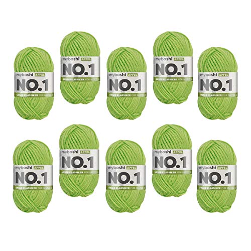myboshi No.1 Wolle zum Häkeln und Stricken, Schnellstrickgarn, langlebige Mützenwolle, Strickwolle, Häkelwolle, mulesing-frei, 50g, Ll 55m Grün (Apfel) 10 Knäuel von myboshi