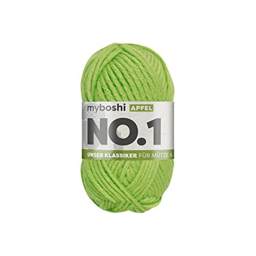 myboshi No.1 Wolle zum Häkeln und Stricken, Schnellstrickgarn, langlebige Mützenwolle, Strickwolle, Häkelwolle, mulesing-frei, langlebige Mützenwolle, Mulesing-frei, 50g, Ll 55m Grün (Apfel) 1 Knäuel von myboshi