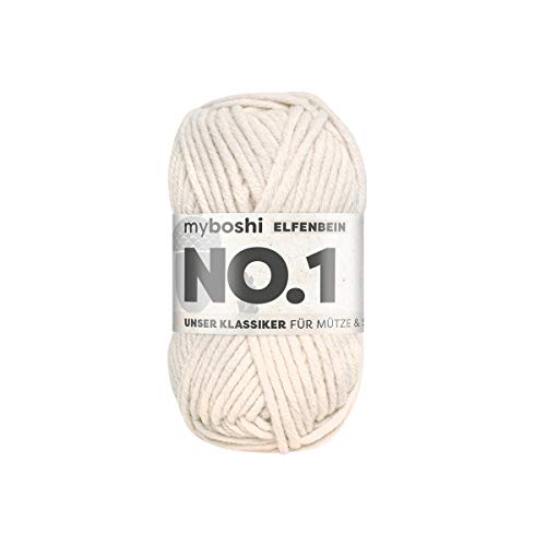 myboshi No.1-Wolle zum Häkeln und Stricken, Schnellstrickgarn, langlebige Mützenwolle, Mulesing-frei, 50g, Ll 55m Beige (Elfenbein) 1 Knäuel von myboshi