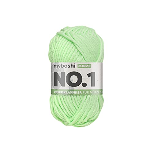 myboshi No.1 Wolle zum Häkeln und Stricken, Schnellstrickgarn, langlebige Mützenwolle, Strickwolle, Häkelwolle, mulesing-frei, langlebige Mützenwolle, Mulesing-frei, 50g, Ll 55m Grün (Minze) 1 Knäuel von myboshi