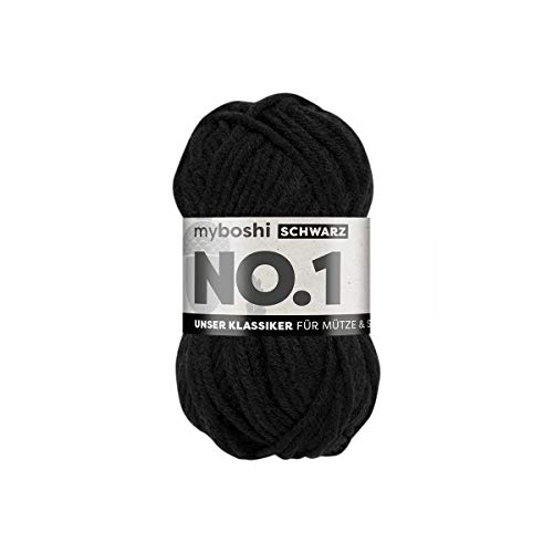 myboshi No.1-Wolle zum Häkeln und Stricken, Schnellstrickgarn, langlebige Mützenwolle, Mulesing-frei, 50g, Ll 55m Schwarz (Schwarz) 1 Knäuel von myboshi