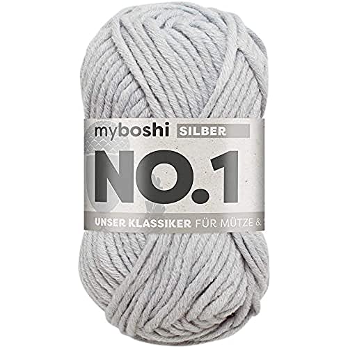 myboshi No.1-Wolle zum Häkeln und Stricken, Schnellstrickgarn, langlebige Mützenwolle, Mulesing-frei, 50g, Ll 55m Grau (Silber) 1 Knäuel von myboshi