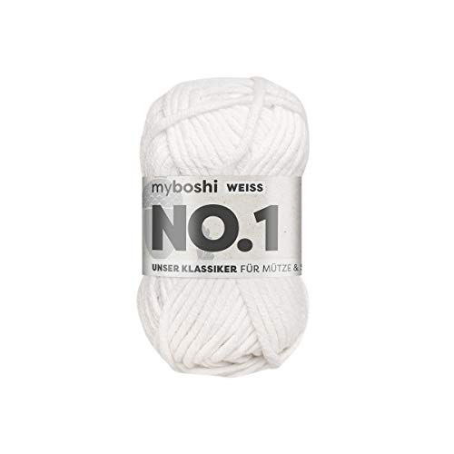 myboshi No.1 Wolle zum Häkeln und Stricken, Schnellstrickgarn, langlebige Mützenwolle, Strickwolle, Häkelwolle, mulesing-frei, langlebige Mützenwolle, Mulesing-frei, 50g, Ll 55m Weiß (Weiß) 1 Knäuel von myboshi