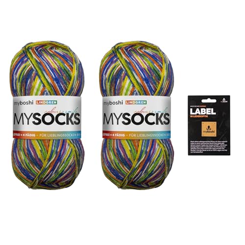 myboshi mysocks, 4-fädige Sockenwolle, Schurwolle, strapazierfähig, langlebig, filzfrei, Aloe Vera behandelt, inkl Label in Lederoptik, Blau (Lindgren) 2 Knäuel von myboshi