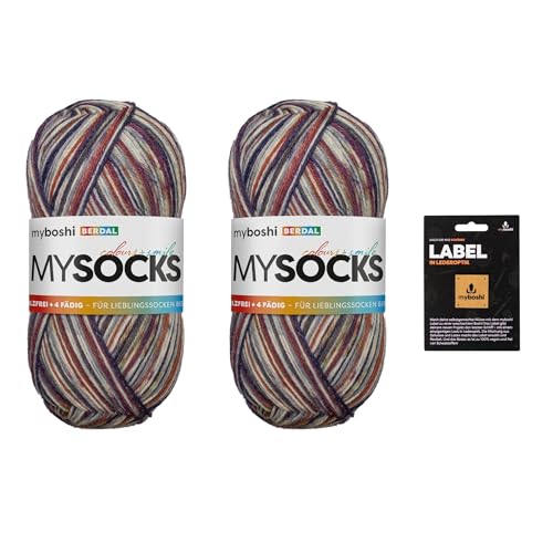 myboshi mysocks, 4-fädige Sockenwolle, Schurwolle, strapazierfähig, langlebig, filzfrei, Aloe Vera behandelt, inkl. myboshi Label in Lederoptik, Blau (Berdal) 2 Knäuel von myboshi