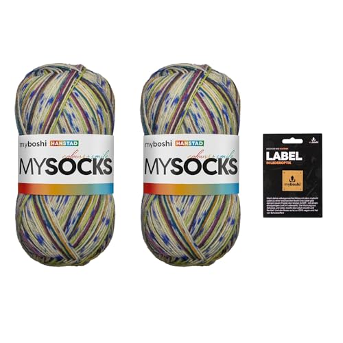 myboshi mysocks, 4-fädige Sockenwolle, Schurwolle, strapazierfähig, langlebig, filzfrei, Aloe Vera behandelt, inkl. myboshi Label in Lederoptik, Blau (Hanstad) 2 Knäuel von myboshi