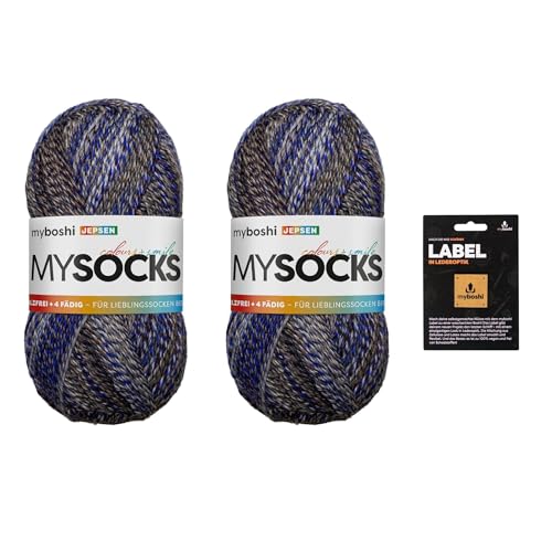 myboshi mysocks, 4-fädige Sockenwolle, Schurwolle, strapazierfähig, langlebig, filzfrei, Aloe Vera behandelt, inkl. myboshi Label in Lederoptik, Blau (Jepsen) 2 Knäuel von myboshi