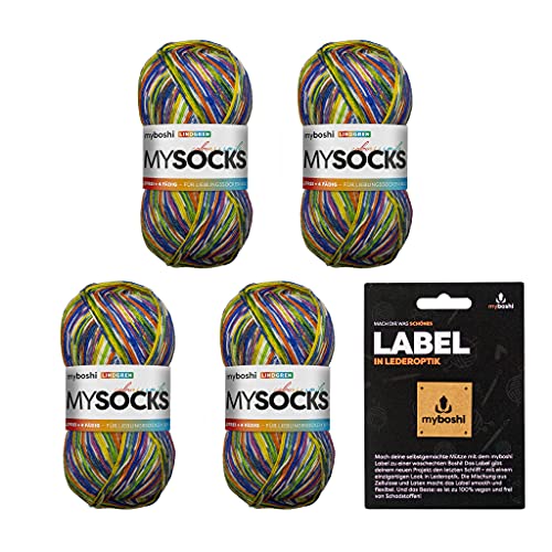 myboshi mysocks, 4-fädige Sockenwolle, Schurwolle, strapazierfähig, langlebig, filzfrei, Aloe Vera behandelt, inkl. myboshi Label in Lederoptik, Blau (Lindgren) 4 Knäuel von myboshi