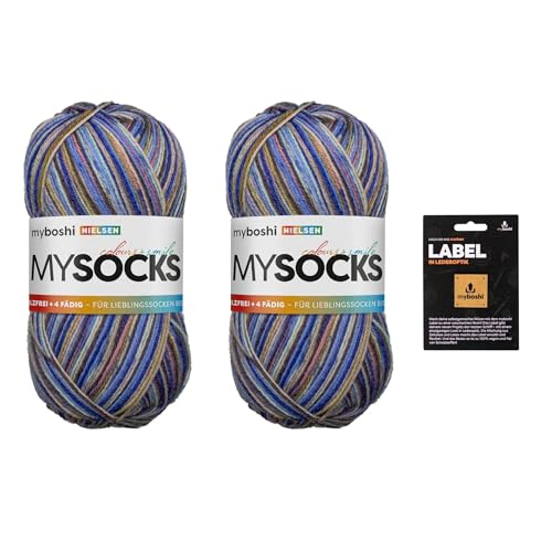 myboshi mysocks, 4-fädige Sockenwolle, Schurwolle, strapazierfähig, langlebig, filzfrei, Aloe Vera behandelt, inkl. myboshi Label in Lederoptik, Blau (Nielsen) 2 Knäuel von myboshi