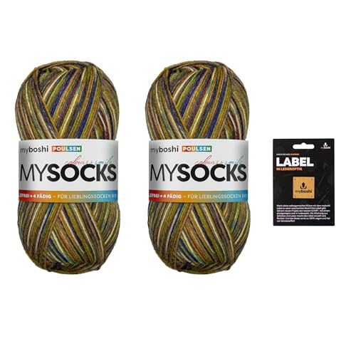 myboshi mysocks, 4-fädige Sockenwolle, Schurwolle, strapazierfähig, langlebig, filzfrei, Aloe Vera behandelt, inkl. myboshi Label in Lederoptik, Braun (Poulsen) 2 Knäuel von myboshi