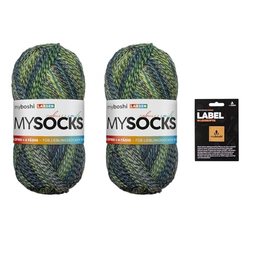 myboshi mysocks, 4-fädige Sockenwolle, Schurwolle, strapazierfähig, langlebig, filzfrei, Aloe Vera behandelt, inkl. myboshi Label in Lederoptik, Grün (Larsen) 2 Knäuel von myboshi