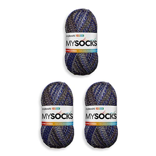 myboshi mysocks, 4-fädige Sockenwolle, strapazierfähiges Garn aus Schurwolle, Ökotex-Zertifiziert, filzfrei, 100g, Ll 420m Blau (Jepsen) 3 Knäuel von myboshi