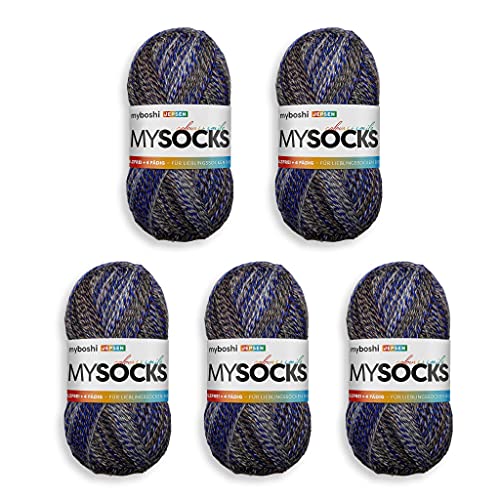 myboshi mysocks, 4-fädige Sockenwolle, strapazierfähiges Garn aus Schurwolle, Ökotex-Zertifiziert, filzfrei, 100g, Ll 420m Blau (Jepsen) 5 Knäuel von myboshi