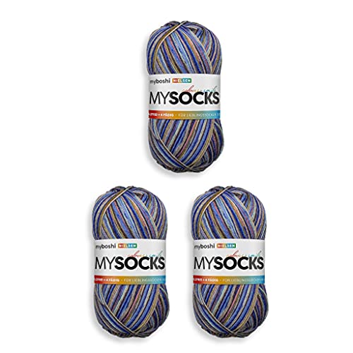 myboshi mysocks, 4-fädige Sockenwolle, strapazierfähiges Garn aus Schurwolle, Ökotex-Zertifiziert, filzfrei, 100g, Ll 420m Blau (Nielsen) 3 Knäuel von myboshi