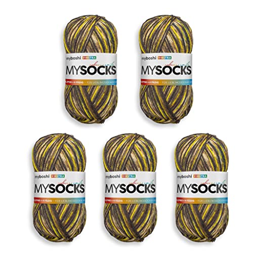 myboshi mysocks, 4-fädige Sockenwolle, strapazierfähiges Garn aus Schurwolle, Ökotex-Zertifiziert, filzfrei, 100g, Ll 420m Gelb (Vinstra) 5 Knäuel von myboshi
