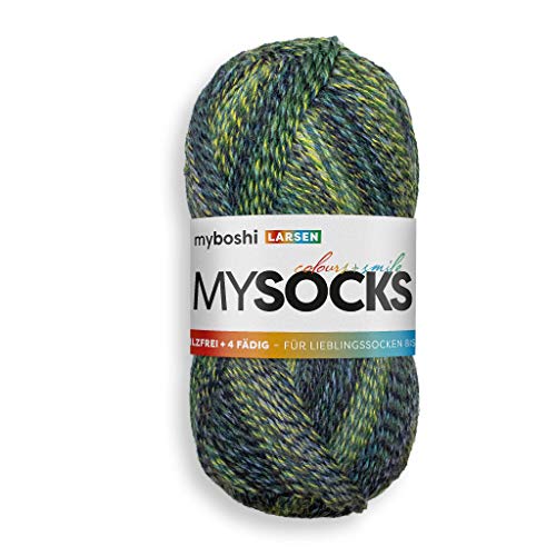 myboshi mysocks, 4-fädige Sockenwolle, strapazierfähiges Garn aus Schurwolle, Ökotex-Zertifiziert, filzfrei, 100g, Ll 420m Grün (Larsen) 1 Knäuel von myboshi