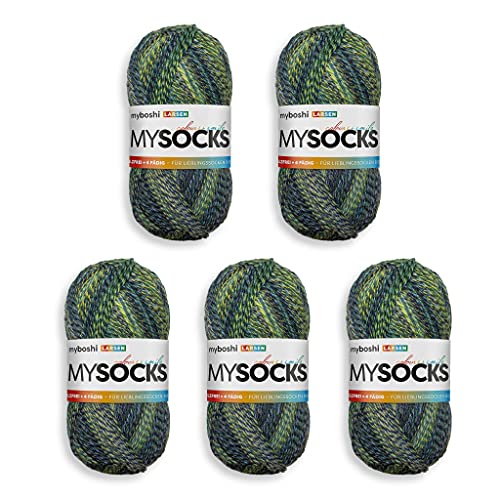 myboshi mysocks, 4-fädige Sockenwolle, strapazierfähiges Garn aus Schurwolle, Ökotex-Zertifiziert, filzfrei, 100g, Ll 420m Grün (Larsen) 5 Knäuel von myboshi