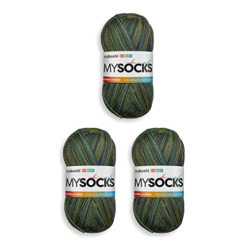 myboshi mysocks, 4-fädige Sockenwolle, strapazierfähiges Garn aus Schurwolle, Ökotex-Zertifiziert, filzfrei, 100g, Ll 420m Grün (Skogen) 3 Knäuel von myboshi