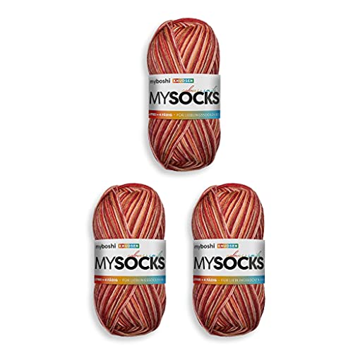 myboshi mysocks, 4-fädige Sockenwolle, strapazierfähiges Garn aus Schurwolle, Ökotex-Zertifiziert, filzfrei, 100g, Ll 420m Rot (Knudsen) 3 Knäuel von myboshi