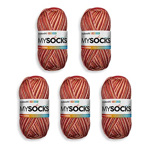 myboshi mysocks, 4-fädige Sockenwolle, strapazierfähiges Garn aus Schurwolle, Ökotex-Zertifiziert, filzfrei, 100g, Ll 420m Rot (Knudsen) 5 Knäuel von myboshi