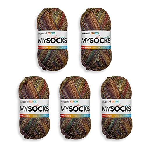 myboshi mysocks, 4-fädige Sockenwolle, strapazierfähiges Garn aus Schurwolle, Ökotex-zertifiziert, filzfrei, 100g, Ll 420m Rot (Nylund), 5 Knäuel von myboshi