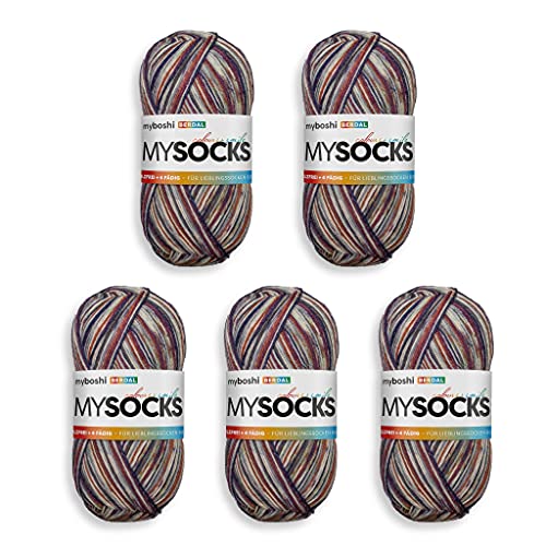 myboshi mysocks, 4-fädige Sockenwolle, strapazierfähiges Garn aus Schurwolle, Ökotex-zertifiziert, filzfrei, 100g, Ll 420m Blau (Berdal), 5 Knäuel von myboshi