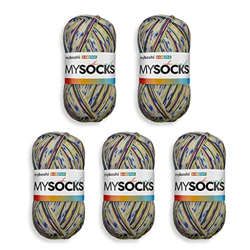 myboshi mysocks, 4-fädige Sockenwolle, strapazierfähiges Garn aus Schurwolle, Ökotex-zertifiziert, filzfrei, 100g, Ll 420m Blau (Hanstad), 5 Knäuel von myboshi