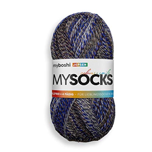 myboshi mysocks, 4-fädige Sockenwolle, strapazierfähiges Garn aus Schurwolle, Ökotex-zertifiziert, filzfrei, 100g, Ll 420m Blau (Jepsen), 1 Knäuel von myboshi