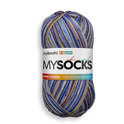 myboshi mysocks, 4-fädige Sockenwolle, strapazierfähiges Garn aus Schurwolle, Ökotex-zertifiziert, filzfrei, 100g, Ll 420m Blau (Nielsen), 1 Knäuel von myboshi