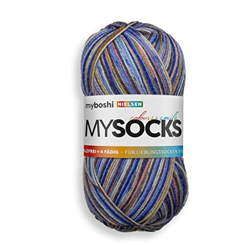 myboshi mysocks, 4-fädige Sockenwolle, strapazierfähiges Garn aus Schurwolle, Ökotex-zertifiziert, filzfrei, 100g, Ll 420m Blau (Nielsen) 1 Knäuel von myboshi