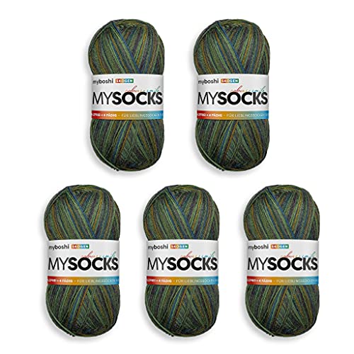 myboshi mysocks, 4-fädige Sockenwolle, strapazierfähiges Garn aus Schurwolle, Ökotex-zertifiziert, filzfrei, 100g, Ll 420m Grün (Skogen), 5 Knäuel von myboshi
