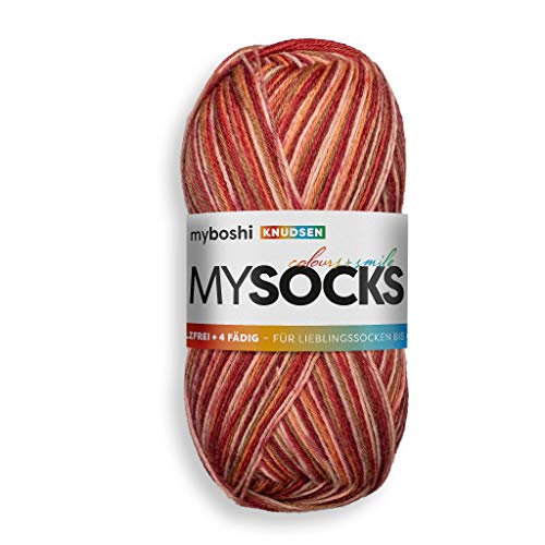 myboshi mysocks, 4-fädige Sockenwolle, strapazierfähiges Garn aus Schurwolle, Ökotex-zertifiziert, filzfrei, 100g, Ll 420m Rot (Knudsen), 1 Knäuel von myboshi