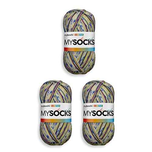 myboshi mysocks, 4-fädige Sockenwolle, strapazierfähiges Garn aus Schurwolle, Ökotex-zertifiziert, filzfrei, 100g, Ll 420m Blau (Hanstad) 3 Knäuel von myboshi